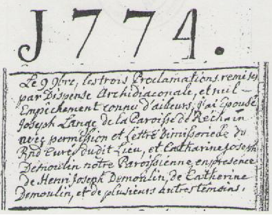 1774 mariage joseph lange cath demoulin reg par chaineux