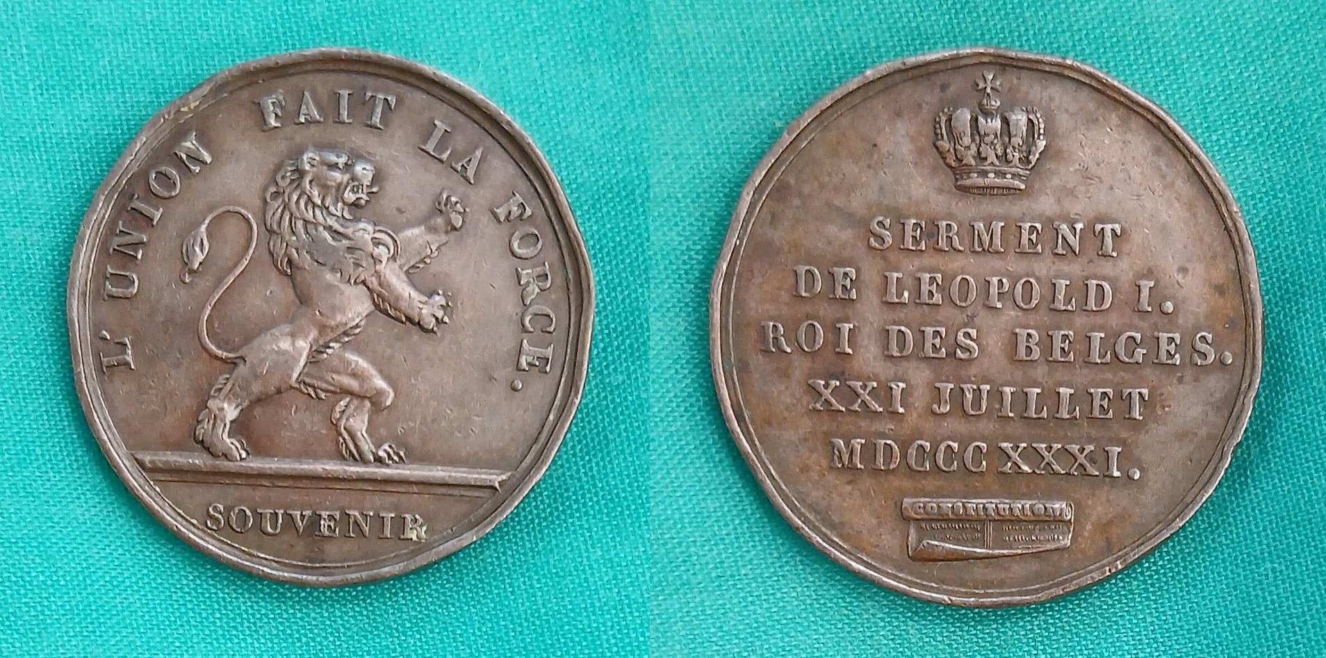Belgique medaille souvenir serment 1831 lion contourne