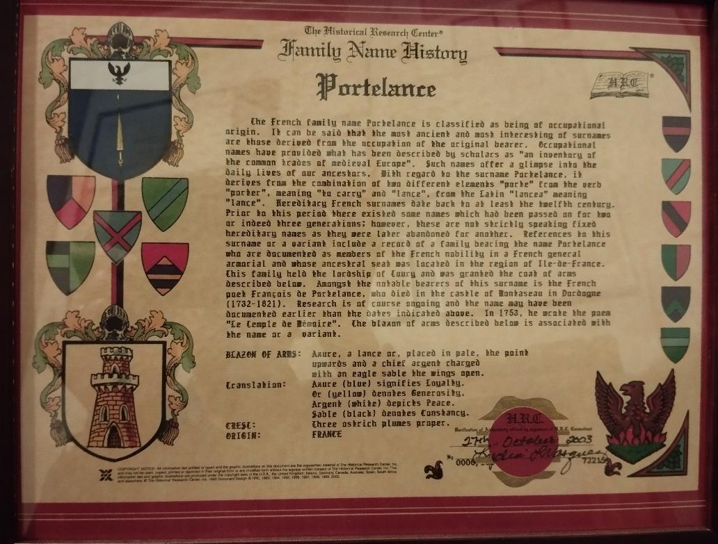 Portelance de toury diplome heraldique
